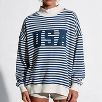Sweater Mockneck Wanita Bergaris Gaya Barat Polka Dot Katun Fleece Longgar Streetwear Kasual Pullover Atasan