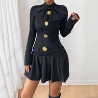 Robe plissée élégante pour femme avec nœud papillon et col montant, mini-robe pour l'église