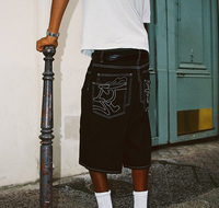 Shorts en jean pour homme coupe droite et large, style baggy, avec broderie personnalisée, logo, patchwork, poche et étiquette personnalisée