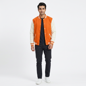<b>Mens</b> Orange <b>White</b> Stand Polyester/Cotton Breathable Varsity Jacket Stylish Baseball Outerwear College Fashion Trendy Front - Product Image 1