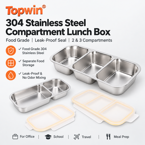 Boîte à lunch bento en acier inoxydable 304, 2 compartiments, étanche, passe au lave-vaisselle, grande capacité de stockage pour le travail, le bureau, utilisable au micro-ondes - Product Image 1