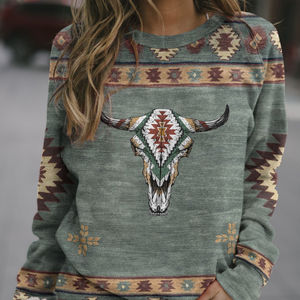 T-shirts <span class=keywords><strong>vintage</strong></span> à manches longues imprimés aztèques d'automne, vêtements basiques pour femmes, chemisiers et hauts grande taille 2024 - Product Image 2