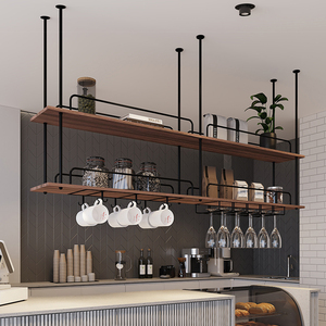 رف عتيق مثبت في السقف رف نبيذ معلق عائم على الطراز الأوروبي خشب صلب حديدي من السقف - Product Image 4