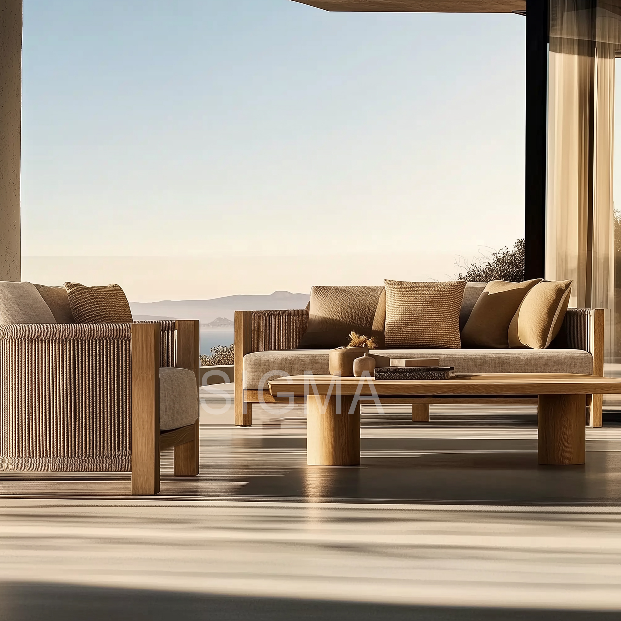 Modern Luxury  Wood Rope Teak Solid Outdoor Dining Furniture Weather-Resistant Wooden Sofa Set