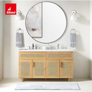 Meuble-lavabo moderne Allandcabinet sur mesure avec cadre en bois et porte en <span class=keywords><strong>rotin</strong></span>, double vasque encastrée sous le meuble pour salle <span class=keywords><strong>de</strong></span> bain - Product Image 1