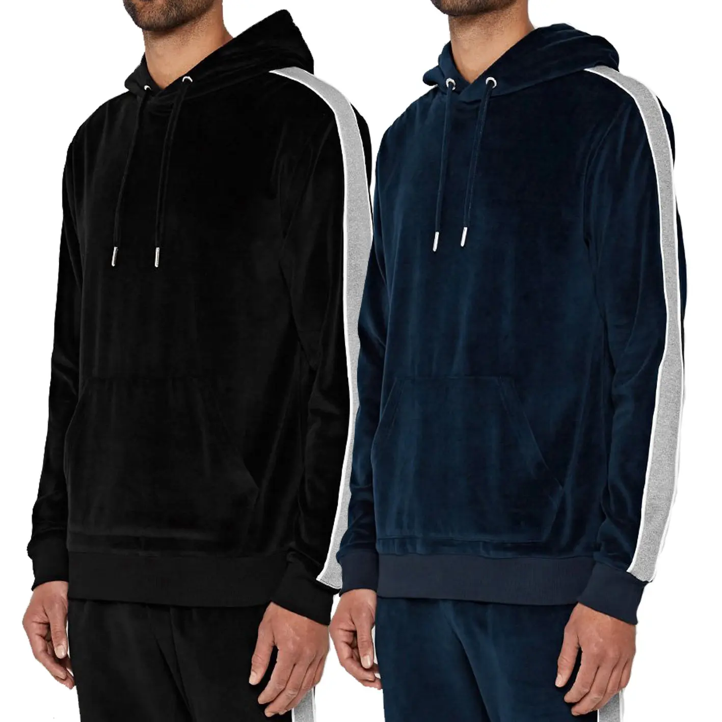 Toplu oem bahar özel nakış/baskı pamuk/poli kadife kontrast boru yan çizgili kanguru cep hoodies kazak erkekler