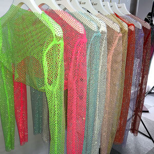 Débardeurs en cristaux pour femmes diamants voir si plage couvrir strass embellissements manches longues élastique maille <span class=keywords><strong>haut</strong></span> court - Product Image 3