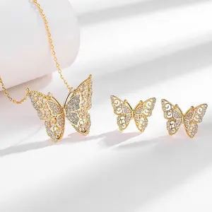 Women Butterfly Brass Jewelry Plated 18K Gold With AAA Zircon Jewelry Necklace Earrings Lady Gift Jewelry Set