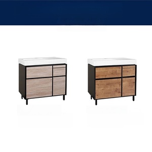 Industrial Wood Bathroom Vanity White Integrated Sink Black Metal Frame Floor Mounted <b>Storage</b> Cabinet - Product Image 4