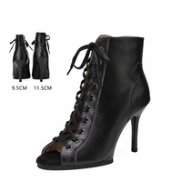 Bottines de danse de salon pour femmes en cuir noir sexy, semelle souple, talons hauts, styles cheville/courts, 9,5/11,5 cm