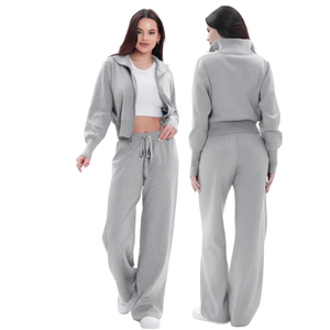 Women's Autumn Grey Fleece Anti-Bacterial Hoodies & Crop Top with Wide Leg <b>Pants</b> Tracksuit Set Stylish Athleisure Loungewear - Product Image 1