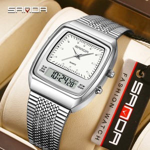 SANDA 3393 นาฬิกาดิจิตอลมัลติฟังก์ชั่นรูปทรงกระบอกสำหรับผู้ชาย, นาฬิกาแฟชั่นธุรกิจเรืองแสงกันน้ำจอแสดงผลคู่สายเหล็ก - Product Image 1
