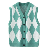 Rompi Rajut Kancing Khusus 100% Katun Anti Kusut Tanpa Lengan V-Neck Motif Kotak-Kotak Pria Sweater Vest Musim Gugur