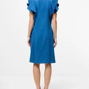 Vestido Maxi Bohemio Informal de Mezclilla Chambray con Volantes, Diseño de Parches Sólidos, Cintura Elástica, Tejido Transpirable para Todas las Estaciones - Product Image 3