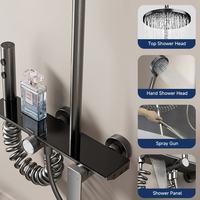 Ensemble de douche moderne en aluminium spatial à installation apparente avec pommeau de pluie rond, douchette à main, bidet et bec cascade