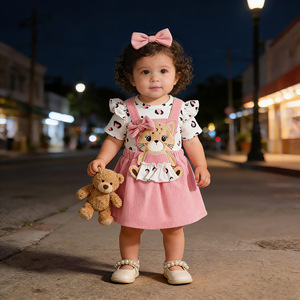 2026 Summer Baby Girls <strong>Fashion</strong> Leopard <strong>Print</strong> Short Sleeve Triangle Jacket + Corduroy Fabric Bear Strap <strong>Skirt</strong> + Hair Strap - Product Image 2