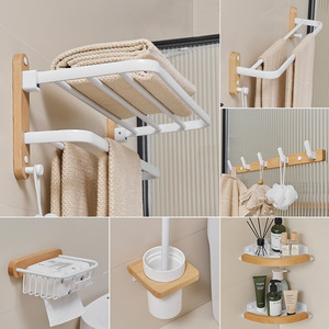 رف مناشف حمام جديد غير مثقب رف مناشف حمام زان رف تخزين الحمام - Product Image 2