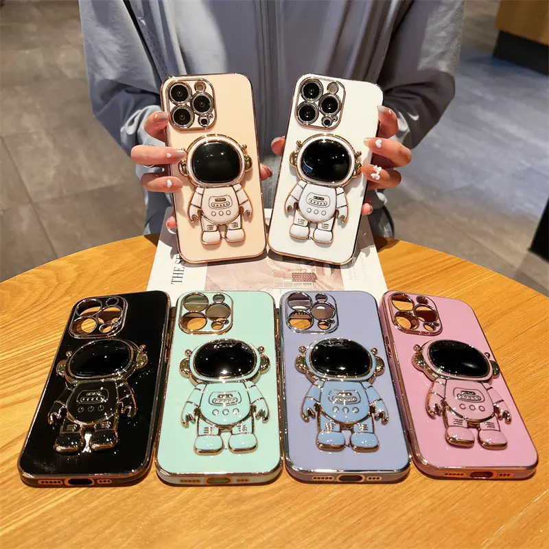 Electroplated Border Astronaut Stand Holder Silicone Case Cover For Iphone 15 Pro Max 11 12 13 14 Mini 7 8 Plus XR XS MAX Case