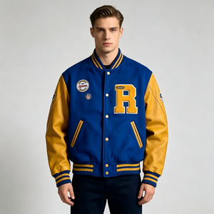 Giacca Varsity Personalizzata in Misto Lana per <span class=keywords><strong>Uomo</strong></span> con Maniche in <span class=keywords><strong>Pelle</strong></span>, Patch in Ciniglia e Ricami Multipli, Giacca Baseball Bomber a Righe - Product Image 3