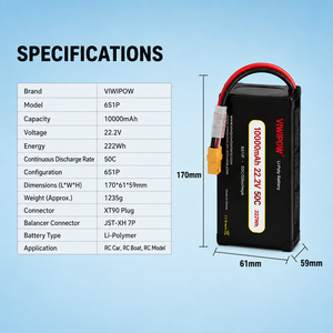 Batterie de drone Viwipow haute performance 6S 10000mAh 22.2V 50C, batterie semi-solide LiCoO2 Cathode XT90, prise personnalisée - Product Image 4