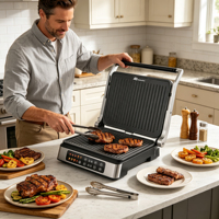 Parrilla con Pantalla Digital Anbolife, Solo Venta al Por Mayor, Apertura Completa de 180 Grados, Saludable, 10 Programas Diferentes, Placa con Revestimiento Antiadherente