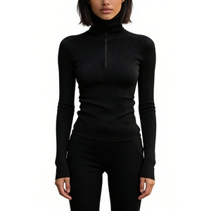 Haut côtelé à col roulé et demi-zip pour femme - T-shirt moulant décontracté à manches longues en maille tendance - Product Image 3