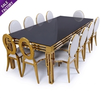 Table de mariage en acier inoxydable doré avec plateau en verre miroir noir, ensemble de 12 chaises pour mariage