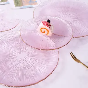 Grosir transparan bening di bawah dekorasi pelat kaca amber pengisi daya dengan pinggiran emas untuk meja pernikahan
