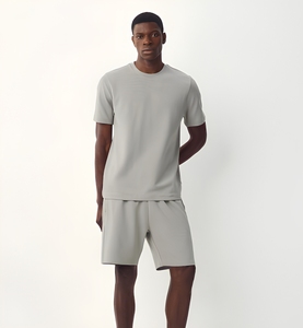 Ensemble t-shirt et short pour homme en coton gris clair, col rond, couleur unie, vêtements décontractés d'été, tissu respirant en maille - Product Image 1