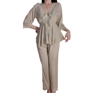 Wholesale Pyjama V-Neck Women Set <strong>Netting</strong> Bow Decoration Underwear Sleepwear Sexy Pajamas Satin Nightgown Nightdress Night Dress - Product Image 5