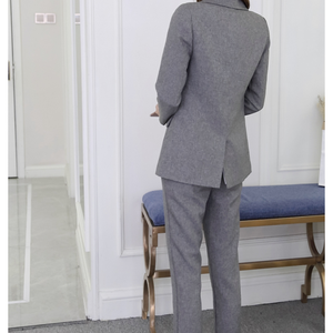 Completo da <span class=keywords><strong>Donna</strong></span> <span class=keywords><strong>Grigio</strong></span> Casual <span class=keywords><strong>Blazer</strong></span> e Pantaloni a Vita Alta Tailleur da Ufficio Giacca con Risvolto Completo Coreano Femminile 2 Pezzi - Product Image 4