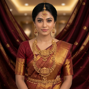 Parure de bijoux de mariée Lakshmi antique haut de gamme avec collier superposé, design traditionnel indien du sud en or pour mariage - Product Image 3