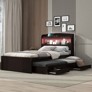 Lit escamotable marron foncé avec tiroirs et rangement intégré dans la tête de lit, tête de lit éclairée pour chambre à coucher - Product Image 3