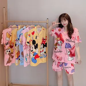 Conjunto de pijamas con estampado Kawaii para mujer, ropa de dormir de manga corta de otoño, de dibujos animados rosas, informal, holgada