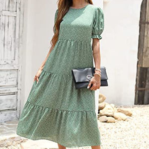 ملابس أوروبية للنساء الصيف فستان بوهيمي غير رسمي جديد طباعة الأزهار بيبلوم فقاعة الأكمام ارتفاع الخصر منتصف طول فستان الشاطئ - Product Image 1