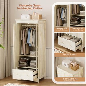 Tủ quần áo gỗ rắn, tủ quần áo gỗ chưa hoàn thành tủ quần áo với cửa ra vào và ngăn kéo, tủ quần áo gỗ thật để treo quần áo - Product Image 6