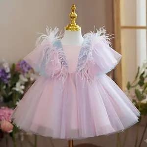 Vestido de novia azul marino europeo para niña, vestidos de fiesta de manga larga esponjosos de lujo con lazo grande, vestidos de graduación rosa para niños de 8 años