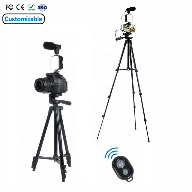 1.3m Aluminum Alloy Tripod Stand with Pocket Light Set Microphone Radio Photography Accessory for iPhone 12 TikTok Vlogger