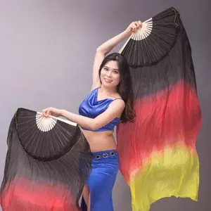 Coloré teint à la main noir rouge jaune long bambou véritable voile de soie ventilateurs pour les scènes de danse orientale du ventre voiles de ventilateur de soie