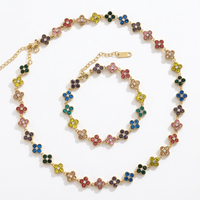 Ensemble collier et bracelet tennis trèfle à quatre feuilles multicolore en cristal, style luxe léger, pour femme