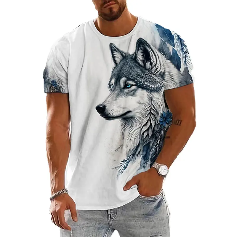 Kaus sablon pria kaus serigala grafis atasan modis ukuran besar kaus jalanan pakaian pria musim panas lengan pendek