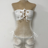 Ensemble Deux Pièces en Nylon Justaucorps Femme Exotique Haut Bustier Strass AB Pole Dance et Danse de Salon Vêtement de Danse Sexy avec Short