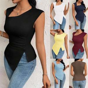 I-0597 Spring Summer New <b>Women's</b> Sexy & Club Style Polyester T-shirt <b>V</b>-<b>neck</b> Regular Fit Short Solid Color Irregular <b>Top</b> - Product Image 1