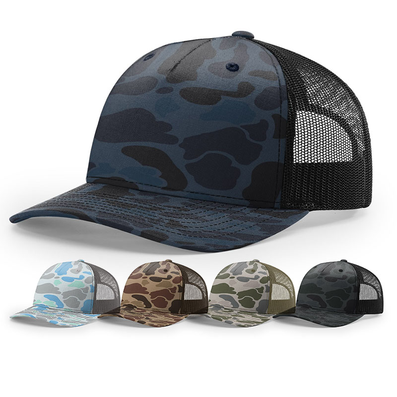 Chapeau Homme gorras de camuflaje de poliéster de algodón 6 paneles gorra de camionero con estampado de camuflaje negro con logotipo personalizado