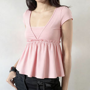 Women’s Y2K Cute Solid Color V-Neck Short Sleeve Babydoll T-<b>Shirt</b> Summer Sweet Casual Top - Product Image 3