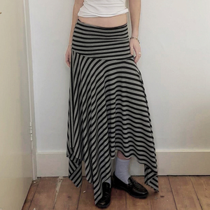 Jupe midi en tricot rayée pour femme, ourlet irrégulier, taille basse, style Y2K, décontractée, streetwear d'été - Product Image 1