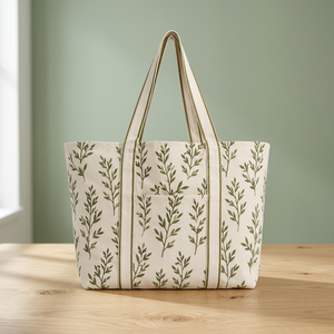 Eco-Friendly Cotton Shopping <b>Bag</b> with <b>Green</b> Botanical Leaf Print | Reusable Shoulder Carry <b>Bag</b> for Grocery & Daily Shopping - Product Image 5