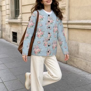 <span class=keywords><strong>Cardigan</strong></span> en tricot à imprimé <span class=keywords><strong>floral</strong></span> pour femme, manches longues, boutonné, col rond, bordure côtelée, rose vintage, bleu poussière, automne hiver - Product Image 1