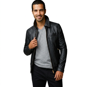 Veste en cuir classique pour homme avec fermeture éclair sur le devant et col à boutons pression - Design durable et intemporel Vestes en cuir pour homme - Product Image 1