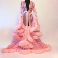 2026 King Mcgreen Star Sexy Dessous-Roben mit Transparenten Federn für Damen, Trompetenärmel Schleppkleid Nachthemd Durchsichtig